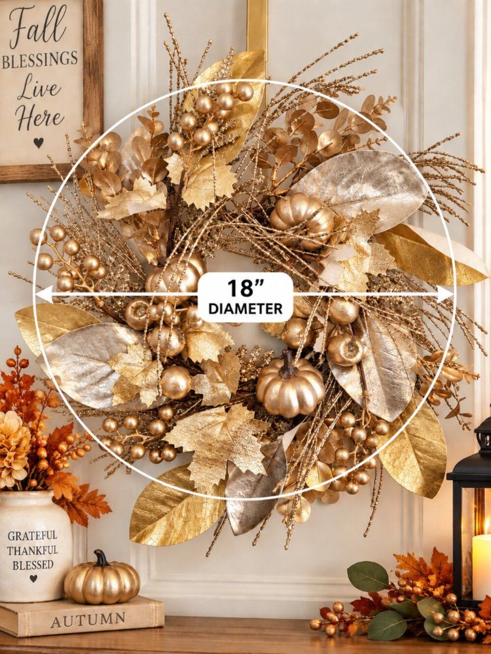 18" Gold Metallic Fall Pumpkin Berry Wreath Autumn Harvest Door Wall Decor - Picture 2 of 2